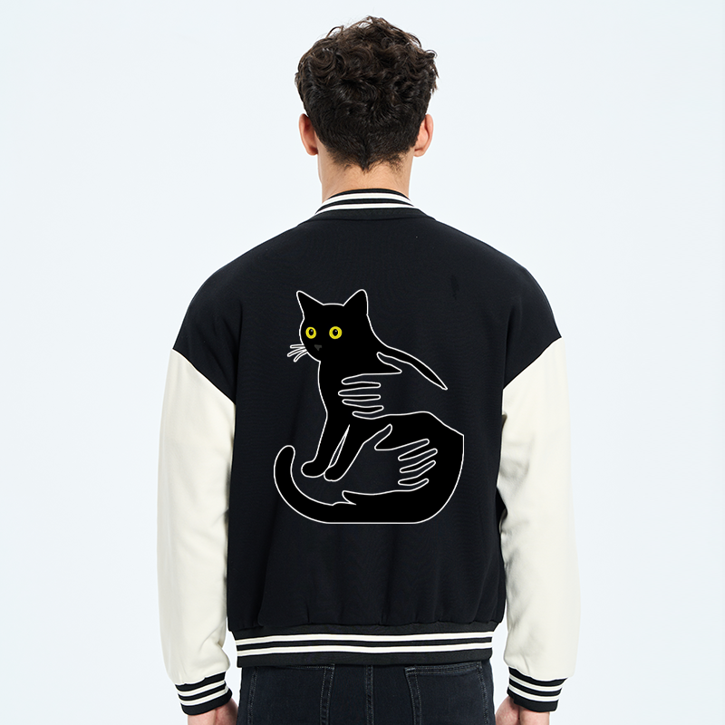 Tokyo-Tiger Hug A Black Cat Embroidery Varsity Jacket