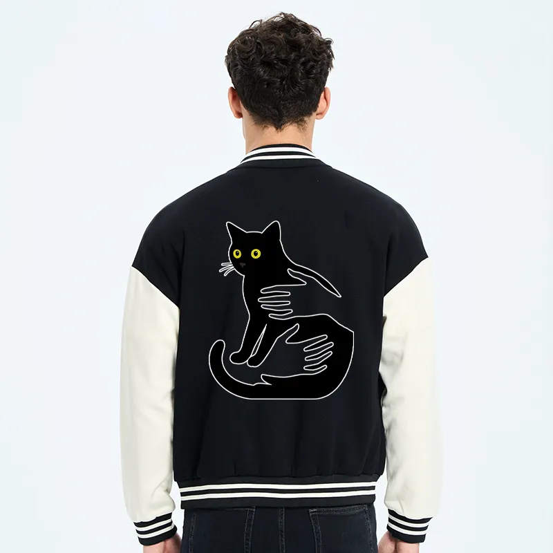 Tokyo-Tiger Hug A Black Cat Embroidery Varsity Jacket