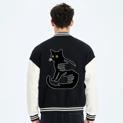 Tokyo-Tiger Hug A Black Cat Embroidery Varsity Jacket