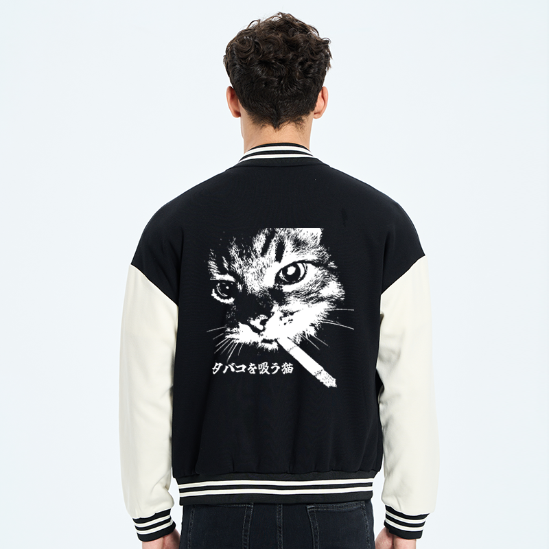 Tokyo-Tiger Retro Cat Smoking Embroidery Varsity Jacket