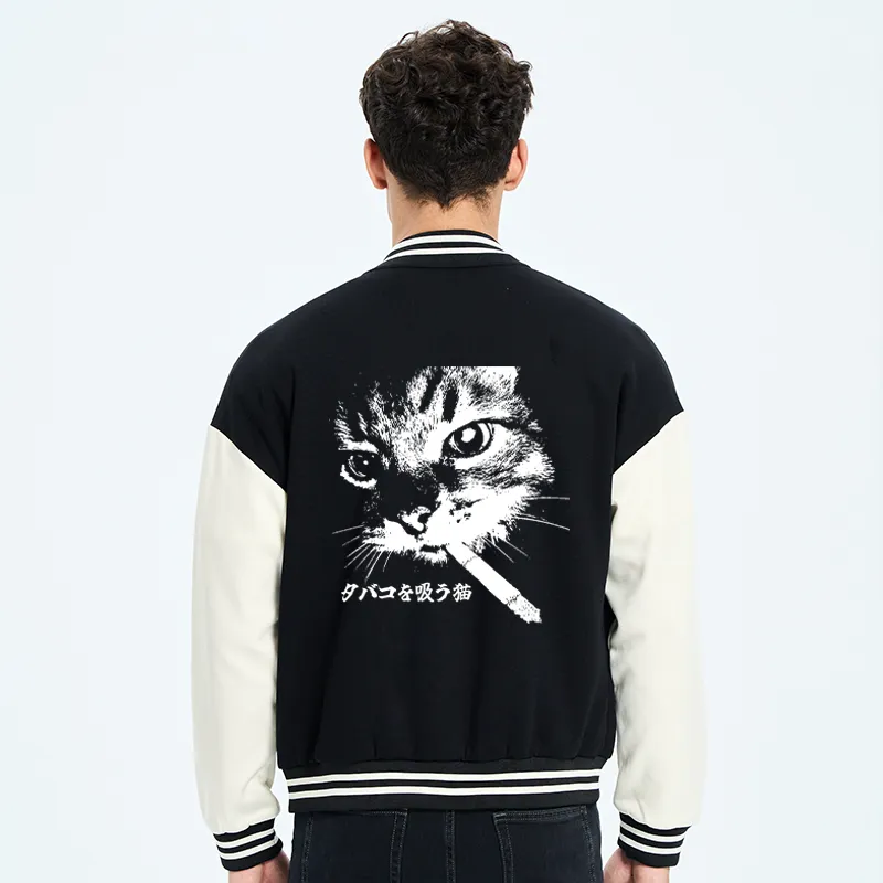 Tokyo-Tiger Retro Cat Smoking Embroidery Varsity Jacket