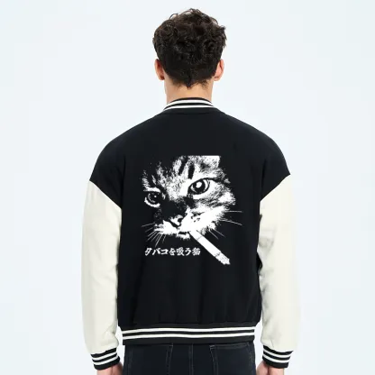 Tokyo-Tiger Retro Cat Smoking Embroidery Varsity Jacket