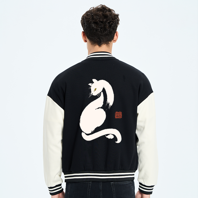 Tokyo-Tiger Elegant Black Cat Japan Embroidery Varsity Jacket