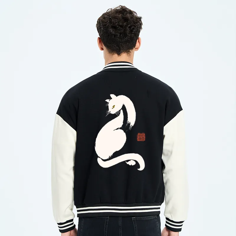 Tokyo-Tiger Elegant Black Cat Japan Embroidery Varsity Jacket