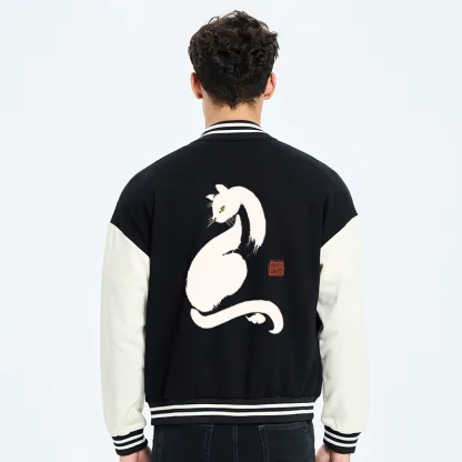 Tokyo-Tiger Elegant Black Cat Japan Embroidery Varsity Jacket