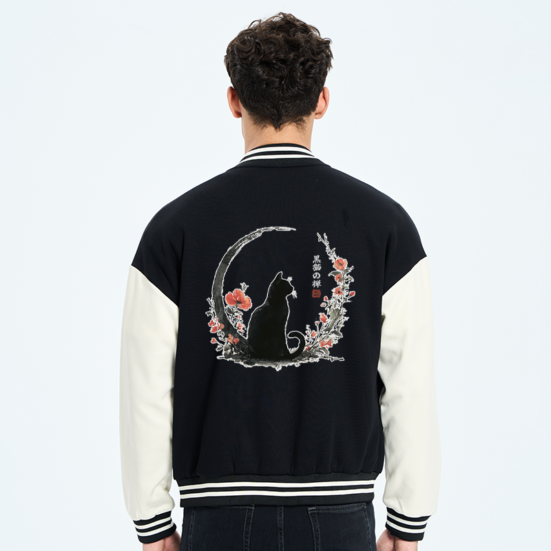 Tokyo-Tiger Black Cat And Flowers Embroidery Varsity Jacket