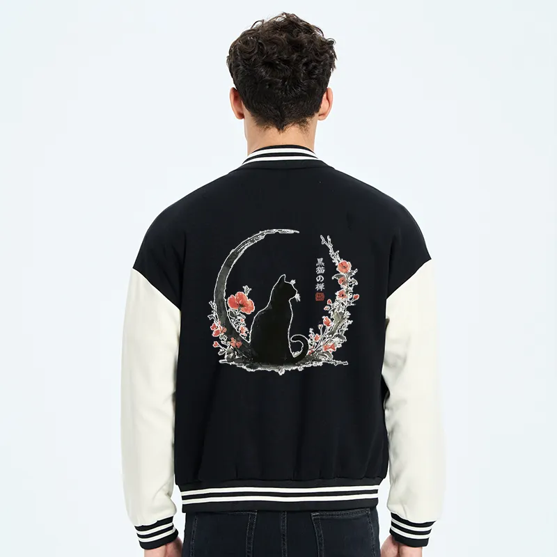 Tokyo-Tiger Black Cat And Flowers Embroidery Varsity Jacket