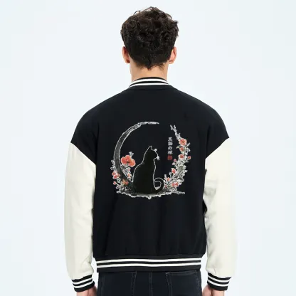 Tokyo-Tiger Black Cat And Flowers Embroidery Varsity Jacket