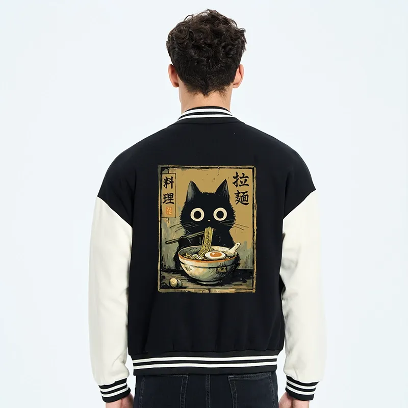Tokyo-Tiger Cute Black Cat Eating Ramen Japan Embroidery Varsity Jacket