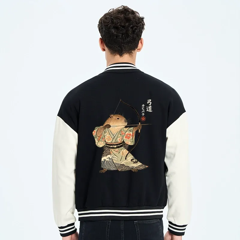 Tokyo-Tiger Capybara Archery Embroidery Varsity Jacket