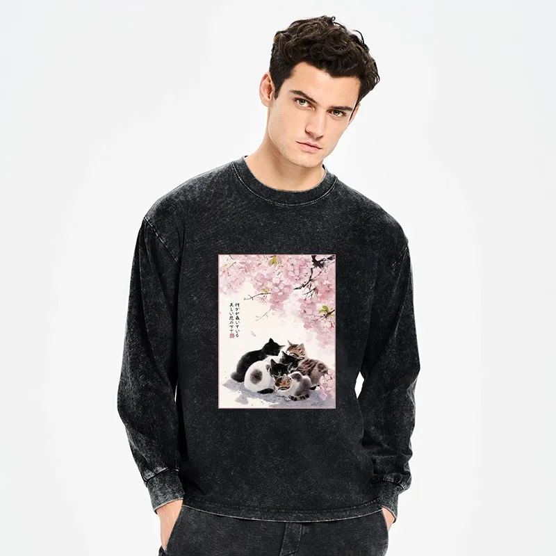 Tokyo-Tiger Cute Cats Sakura Garden Washed Long Sleeve T-Shirt