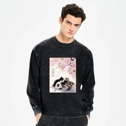 Tokyo-Tiger Cute Cats Sakura Garden Washed Long Sleeve T-Shirt