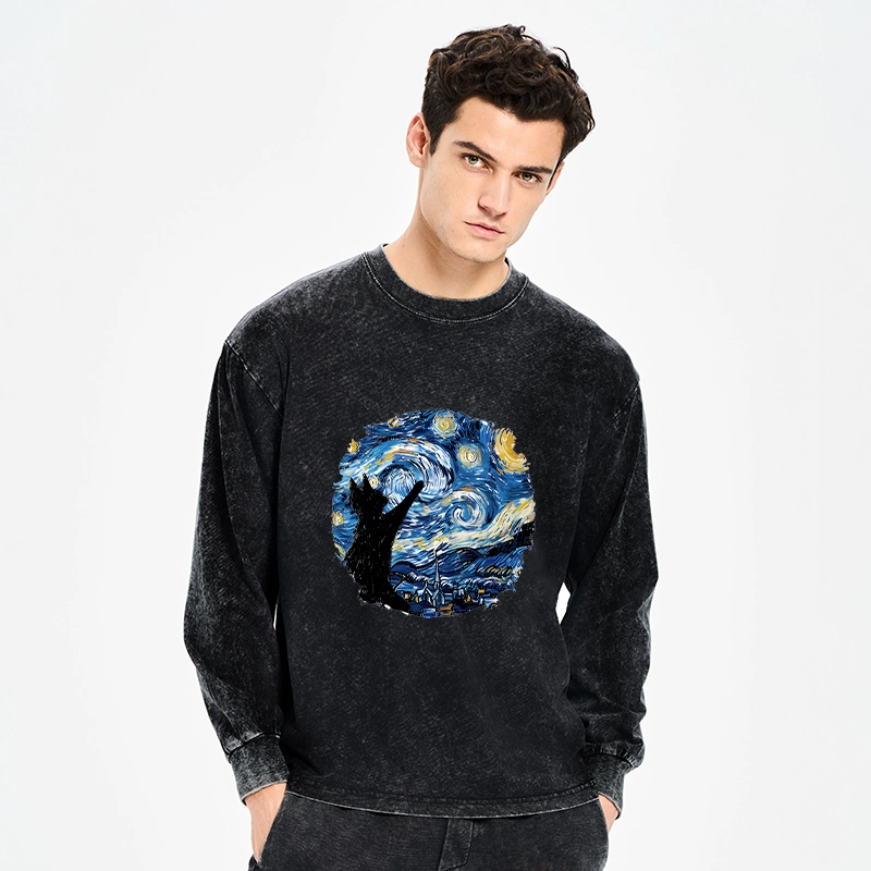 Tokyo-Tiger Starry Night Black Cat Washed Long Sleeve T-Shirt