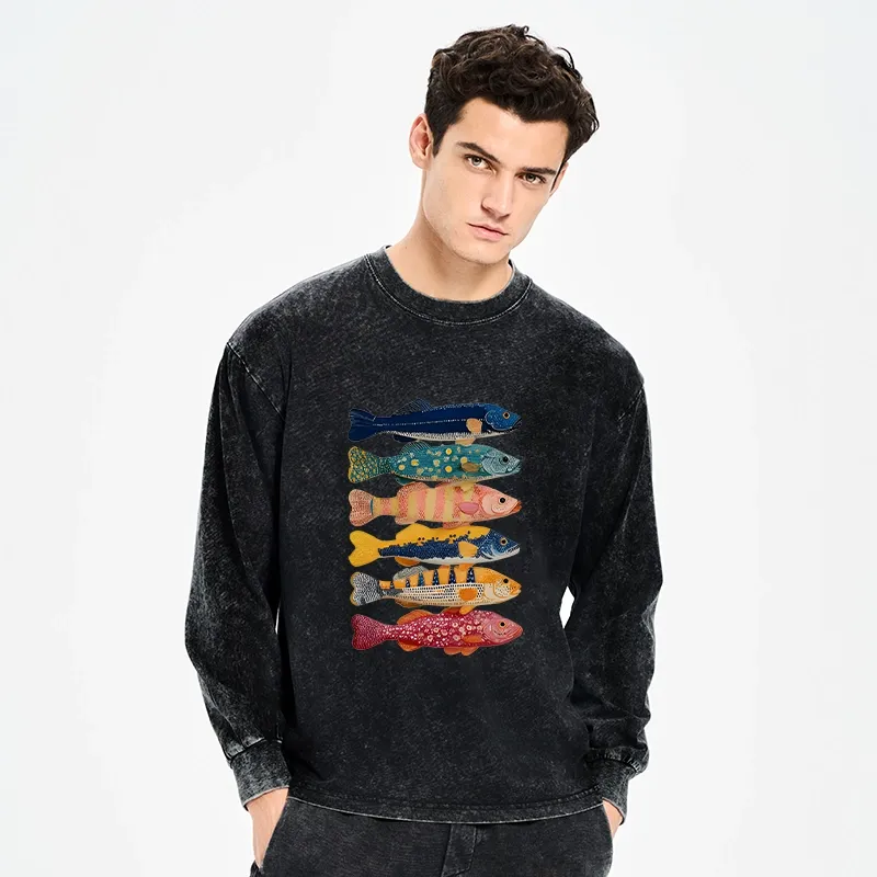 Tokyo-Tiger Colorful Fish Art Collection Washed Long Sleeve T-Shirt