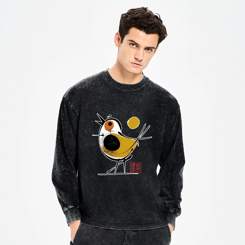 Tokyo-Tiger Aesthetic Yellow And Black Bird Washed Long Sleeve T-Shirt