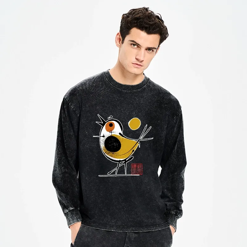 Tokyo-Tiger Aesthetic Yellow And Black Bird Washed Long Sleeve T-Shirt