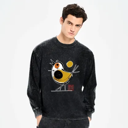 Tokyo-Tiger Aesthetic Yellow And Black Bird Washed Long Sleeve T-Shirt