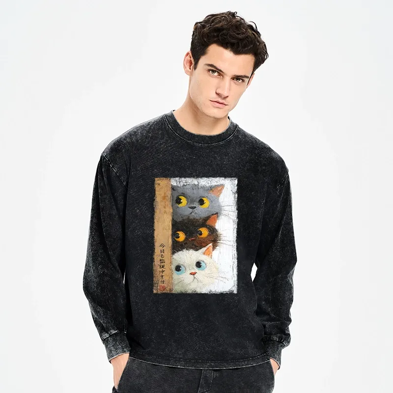 Tokyo-Tiger Three Cute Cats Watch You Washed Long Sleeve T-Shirt