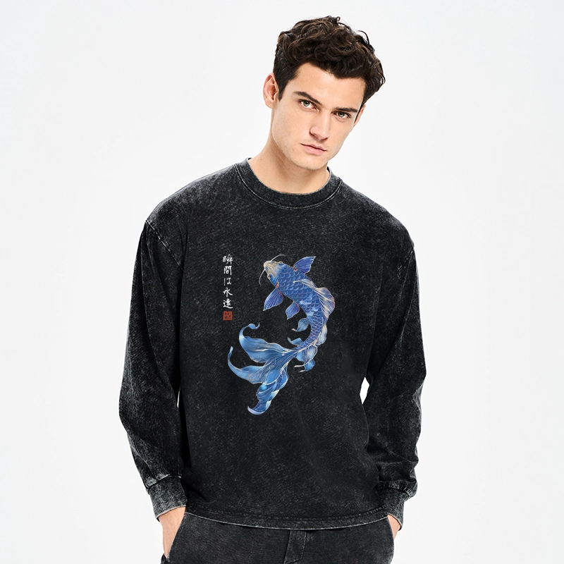 Tokyo-Tiger Lucky Blue Koi Fish Art Washed Long Sleeve T-Shirt