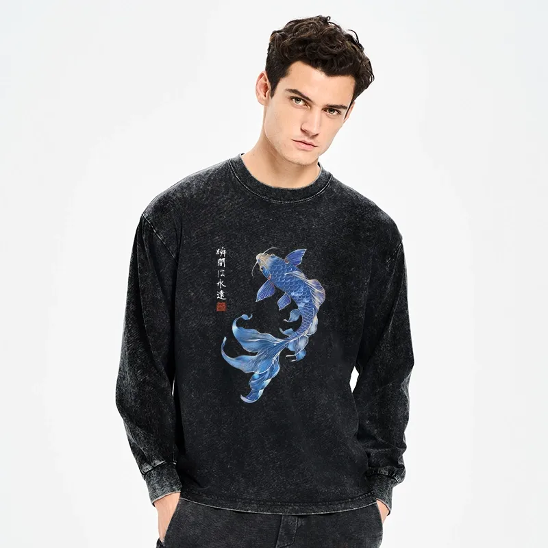 Tokyo-Tiger Lucky Blue Koi Fish Art Washed Long Sleeve T-Shirt