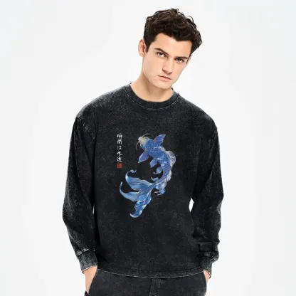 Tokyo-Tiger Lucky Blue Koi Fish Art Washed Long Sleeve T-Shirt