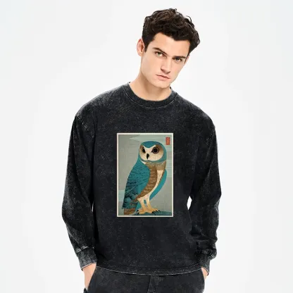 Tokyo-Tiger Vintage Owl Woodblock Art Washed Long Sleeve T-Shirt