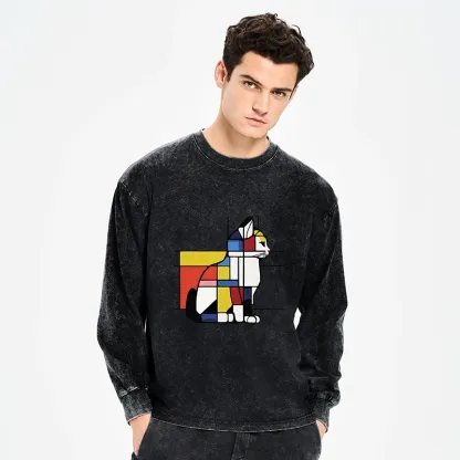 Tokyo-Tiger Geometric Cat Art In Primary Colors Washed Long Sleeve T-Shirt