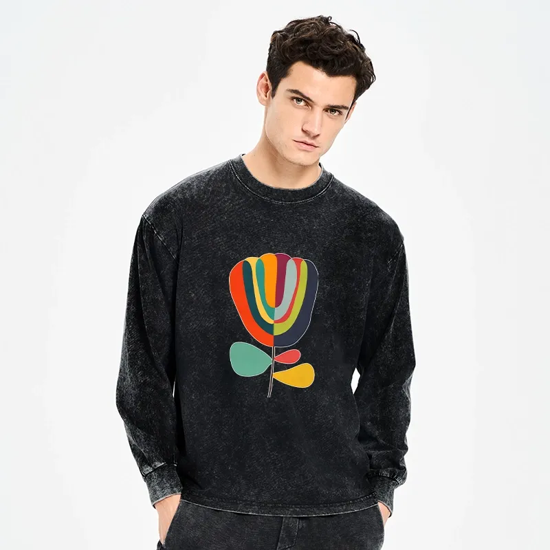 Tokyo-Tiger Colorful Flower Minimalist Print Washed Long Sleeve T-Shirt