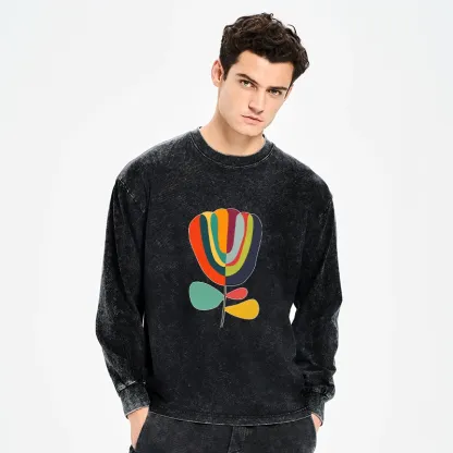 Tokyo-Tiger Colorful Flower Minimalist Print Washed Long Sleeve T-Shirt