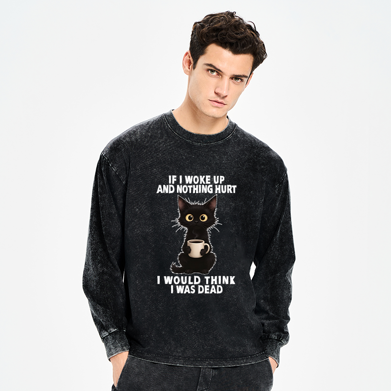 Tokyo-Tiger Funny Cute Black Cat And Coffee Meme Washed Long Sleeve T-Shirt