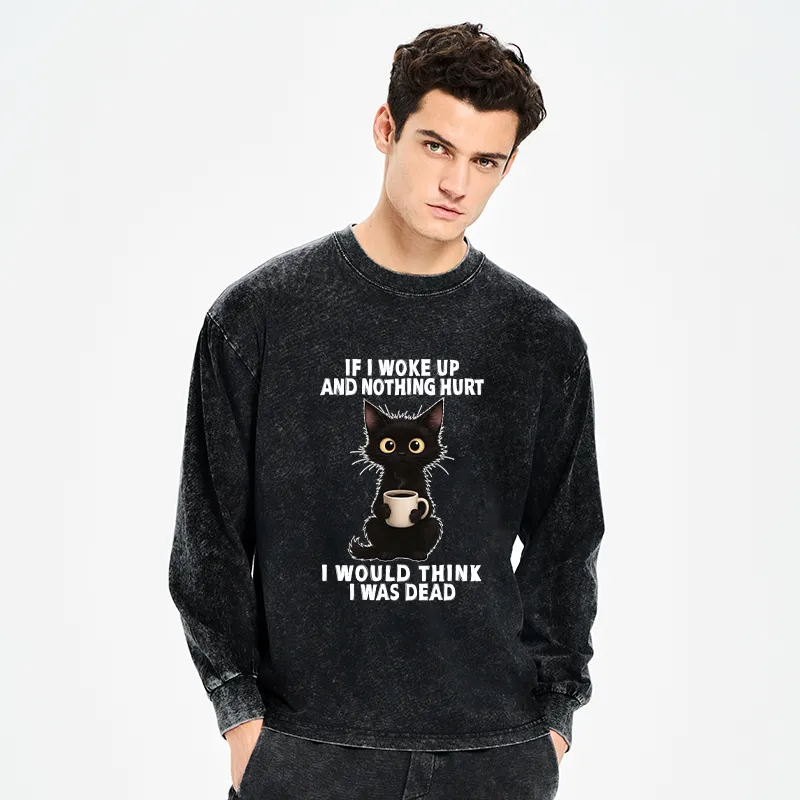 Tokyo-Tiger Funny Cute Black Cat And Coffee Meme Washed Long Sleeve T-Shirt