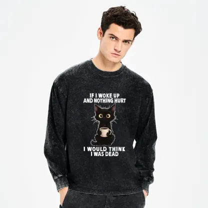 Tokyo-Tiger Funny Cute Black Cat And Coffee Meme Washed Long Sleeve T-Shirt