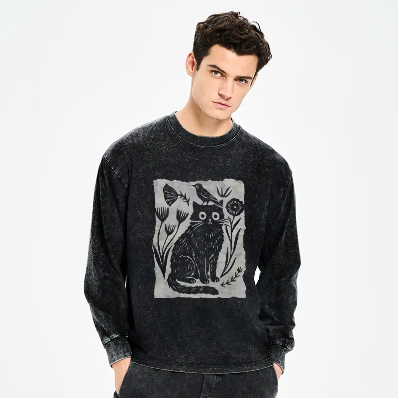 Tokyo-Tiger Folk Paper Cut Cat Bird Floral Art Washed Long Sleeve T-Shirt