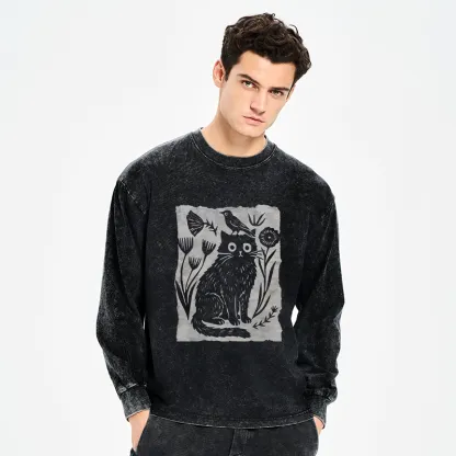 Tokyo-Tiger Folk Paper Cut Cat Bird Floral Art Washed Long Sleeve T-Shirt