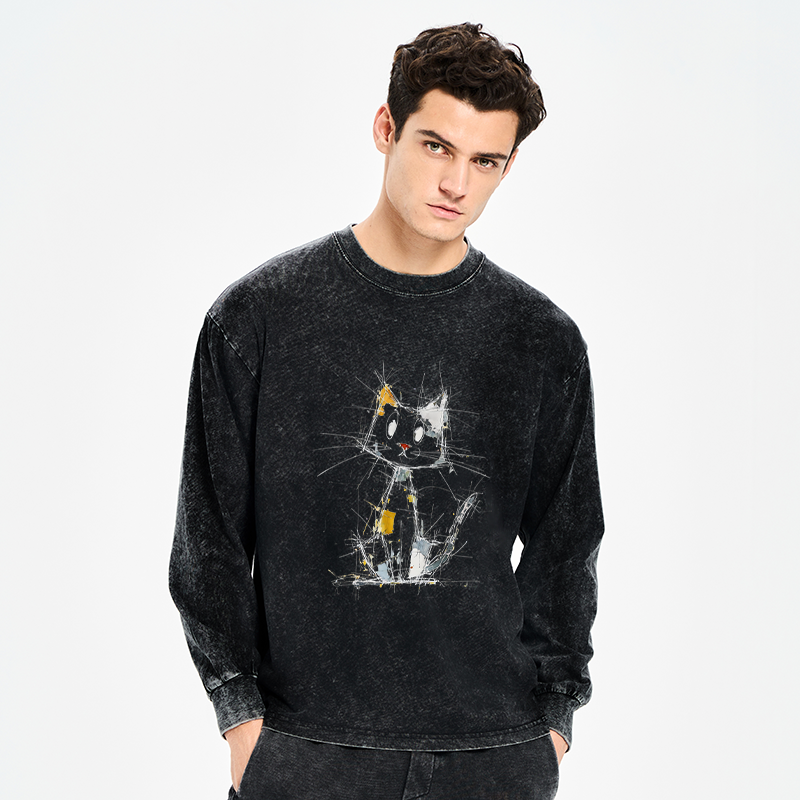 Tokyo-Tiger Minimal Splash Ink Cute Cat Washed Long Sleeve T-Shirt