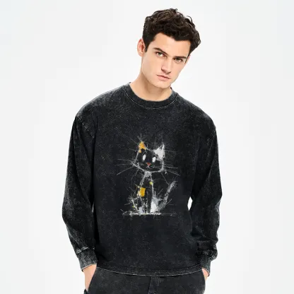 Tokyo-Tiger Minimal Splash Ink Cute Cat Washed Long Sleeve T-Shirt