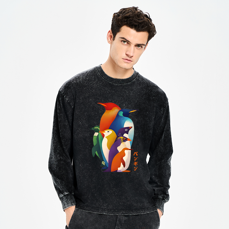 Tokyo-Tiger Cute Multi Tone Penguins Washed Long Sleeve T-Shirt