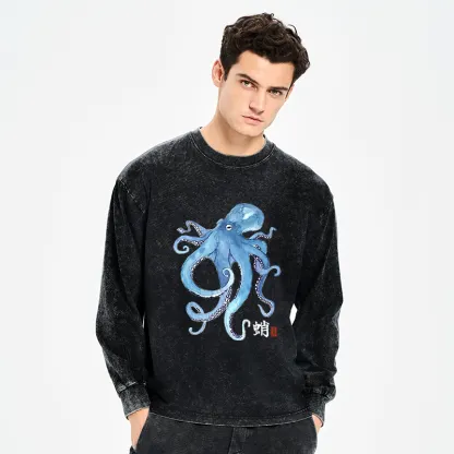 Tokyo-Tiger Watercolor Blue Octopus Washed Long Sleeve T-Shirt