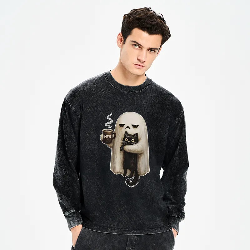 Tokyo-Tiger Ghost Cat Coffee Mood Washed Long Sleeve T-Shirt