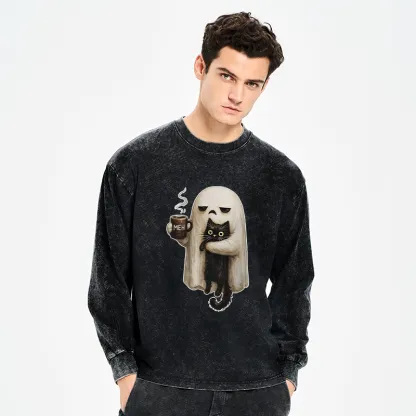 Tokyo-Tiger Ghost Cat Coffee Mood Washed Long Sleeve T-Shirt