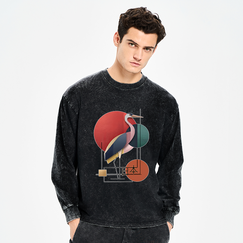 Tokyo-Tiger Geometric Crane Art Washed Long Sleeve T-Shirt
