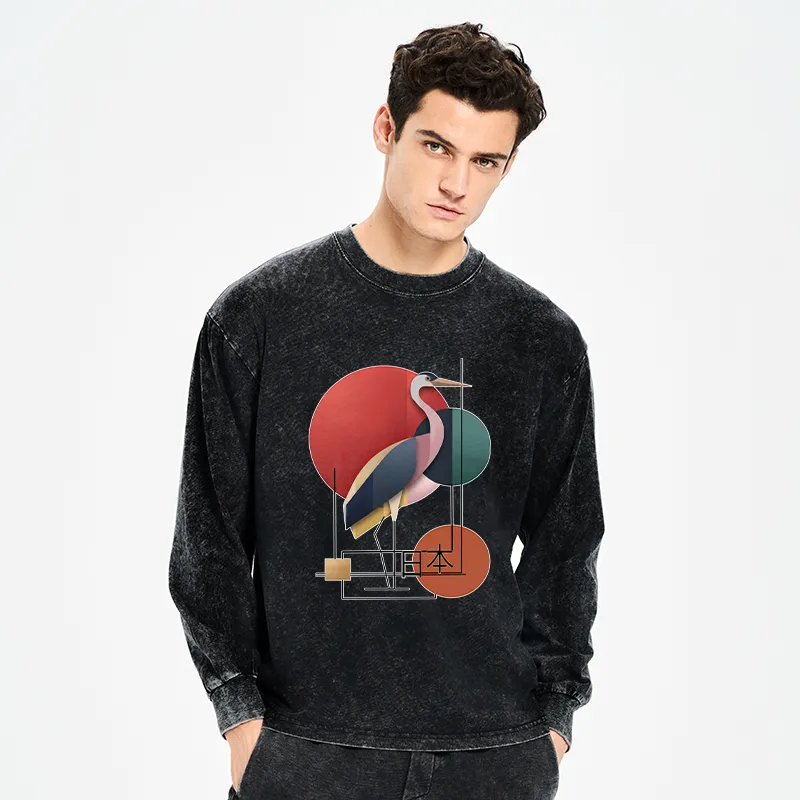 Tokyo-Tiger Geometric Crane Art Washed Long Sleeve T-Shirt
