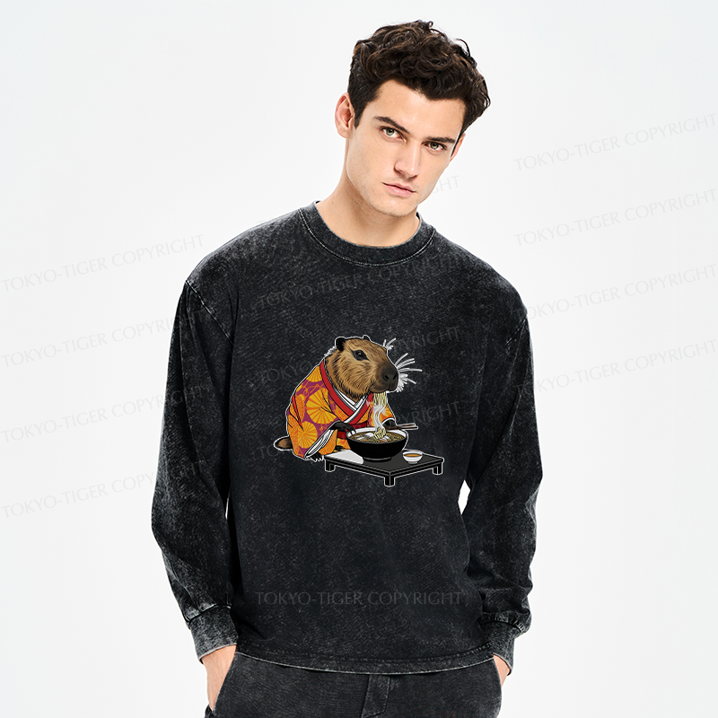 Tokyo-Tiger Cute Capybara Eating Ramen Washed Long Sleeve T-Shirt