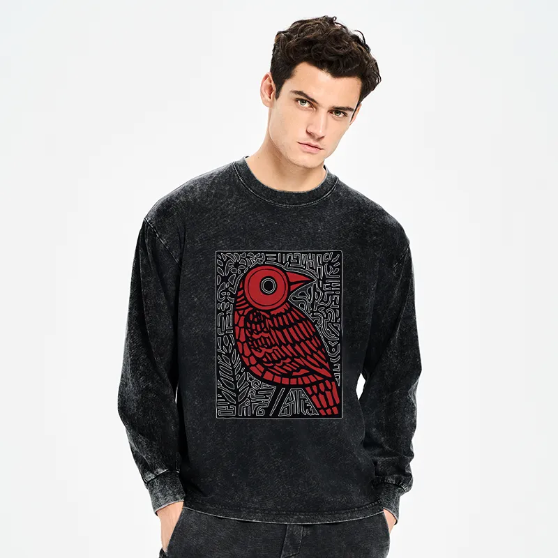 Tokyo-Tiger Retro Woodblock Bird Washed Long Sleeve T-Shirt