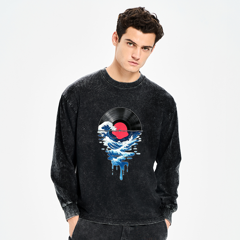 Tokyo-Tiger Vinyl Records And Waves Washed Long Sleeve T-Shirt