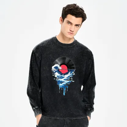 Tokyo-Tiger Vinyl Records And Waves Washed Long Sleeve T-Shirt