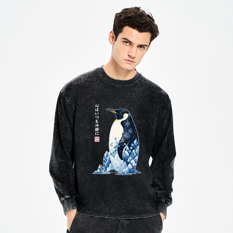 Tokyo-Tiger Keep Calm Penguin Washed Long Sleeve T-Shirt