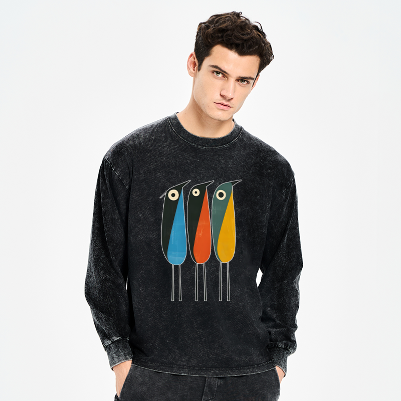 Tokyo-Tiger Bold Shape Birds Washed Long Sleeve T-Shirt