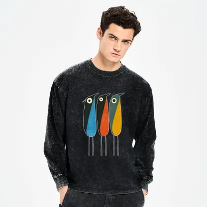 Tokyo-Tiger Bold Shape Birds Washed Long Sleeve T-Shirt