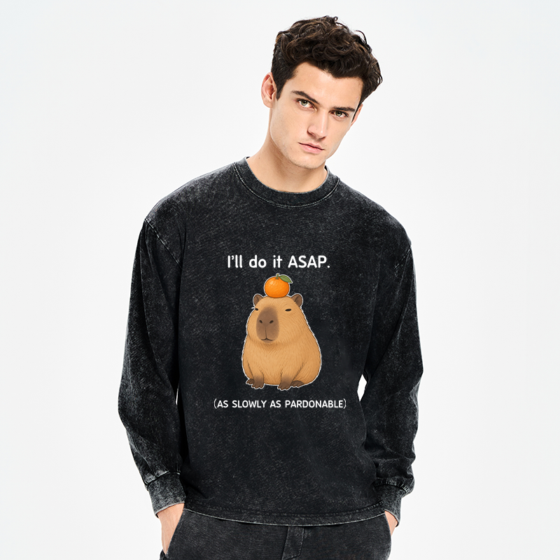 Tokyo-Tiger Slow Task Capybara Meme Washed Long Sleeve T-Shirt